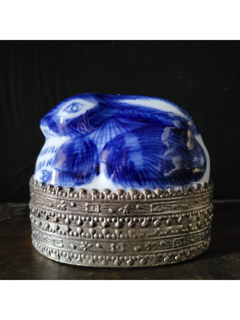 Vintage Chinese Blue White Chinoiserie Porcelain and Metal Rabbit Bunny Box